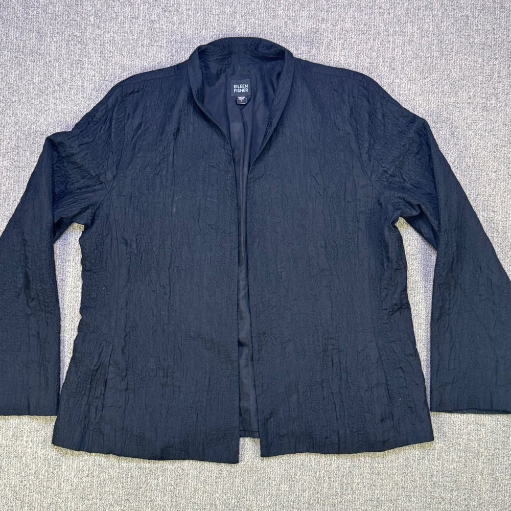 Eileen Fisher Black Crinkle Silk Open Front‎ Jacket Blazer Long Sleeve L